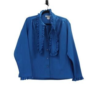 Vintage 1980s Blue Blouse with Ruffle Tie Neckline